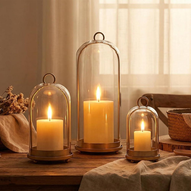 15"&9"&7" Hurricane Glass Candle Holders Set of 3, Metal Candle Holder with Handmade Glass Dome in Brass, Hanging Versatile Hurricane Glass Candle Holders for Pillar Candles (Candles Not Including)