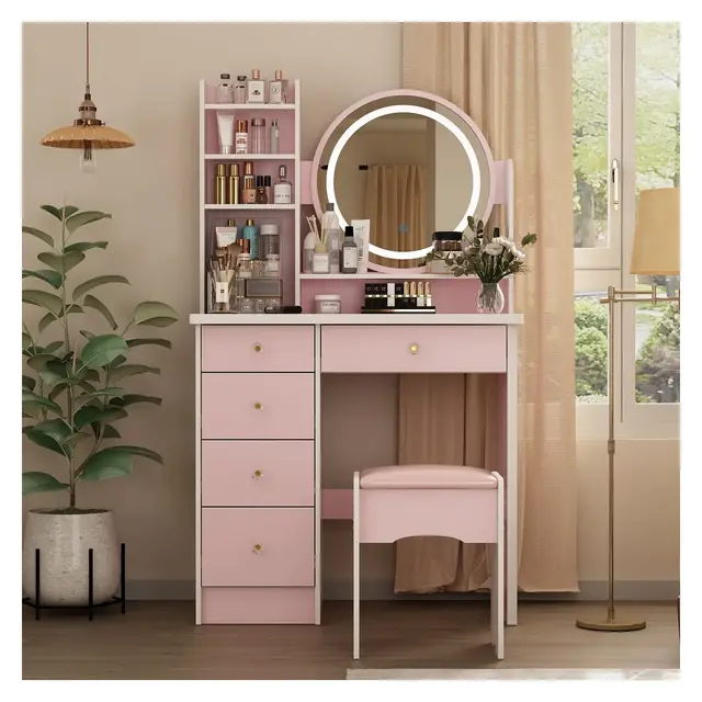 Famapy Makeup Vanity Table Set with Stool and Mirror LED Light Dressr Dressing Pink