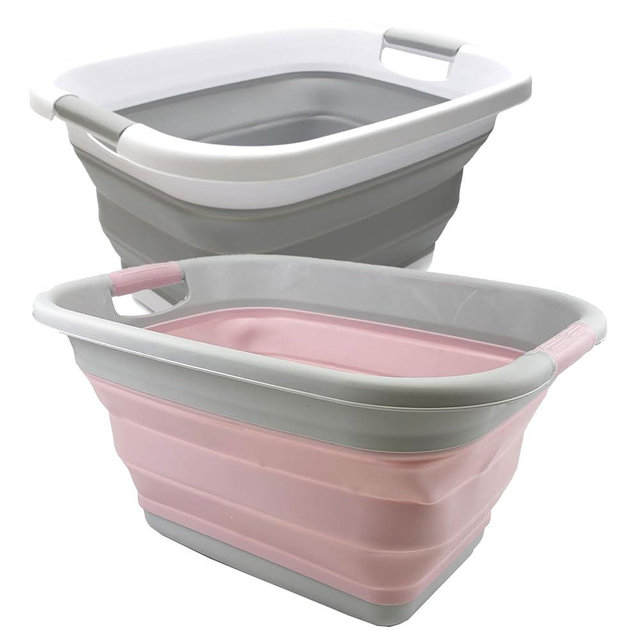 SAMMART Set of 2-21L(5.5 gallon) Collapsible Laundry Basket/Tub-Foldable Storage Container-Portable Washing Bin - Space Saving Hamper, Water capacity: 17L (4.4 gallon) (2, Grey+Pale Pink)