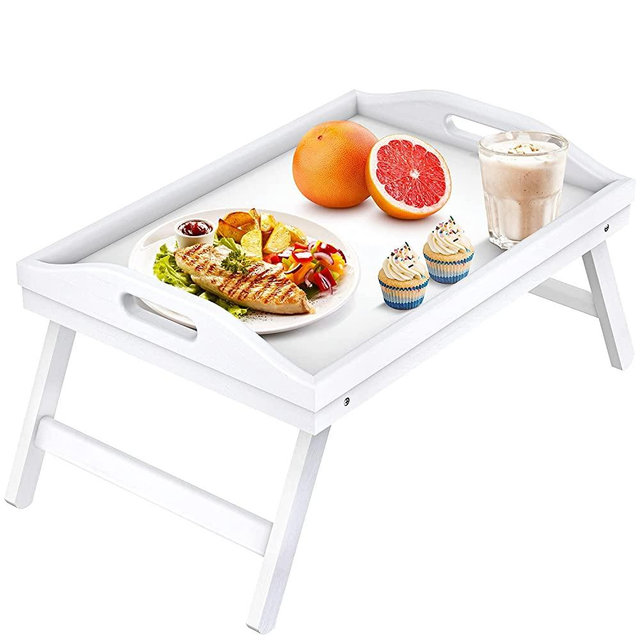 Bed Table Tray Bamboo Breakfast Platters Tray with Folding Legs Bamboo Kitchen Serving Tray by Pipishell（White）