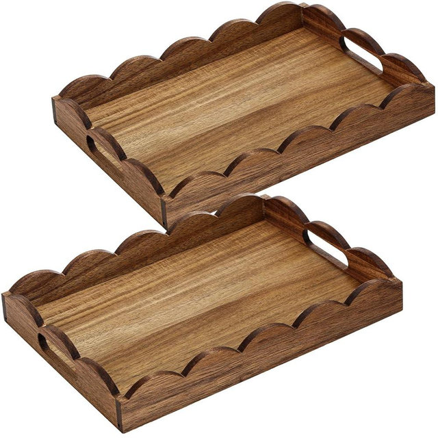Sawysine 2 Pcs Scalloped Wood Tray Natural Scallop Serving Tray Decorative Wooden Display Plate for Home Kitchen Table Decoration (Scallop Edged,10x14x2'',8.7x12.6x2'')