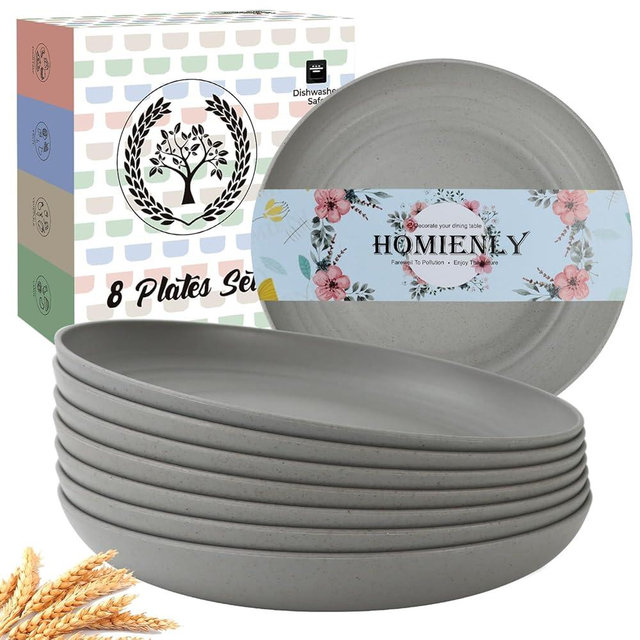 Homienly Dinner Plates Set of 8 Alternative for Plastic Plates Microwave and Dishwasher Safe Wheat Straw Plates for Kitchen Unbreakable Kids Plates with 4 Colors (Grey, 10 inch)