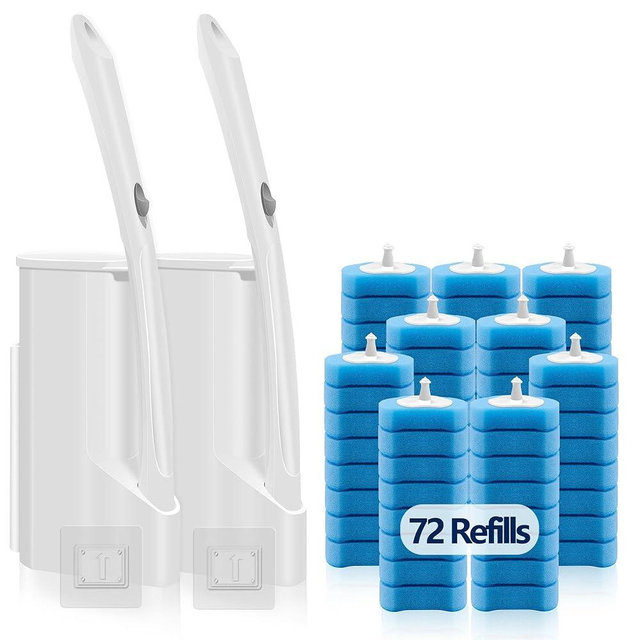 Disposable Toilet Bowl Brush and Holder, Toilet Cleaning System-2 Toilet Bowl Wand, 2 Storage Caddy&72 Toilet Brush Refills for Effective Deep Scrub Toilet, Wall-Mount Toilet Brush, 2 Pack.