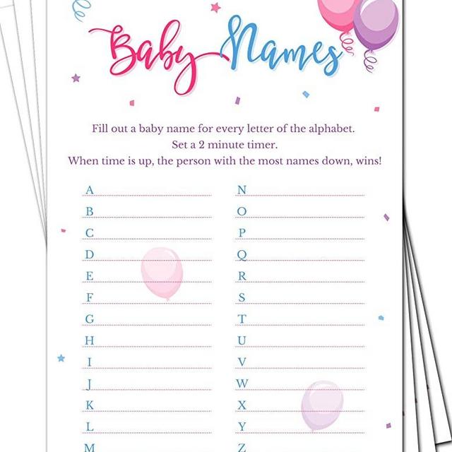 Gender Reveal Games - Baby Names Game Cards (Pack of 50) - Baby Shower Games for Boys or Girls - Party Activities Ideas Supplies - Balloons
