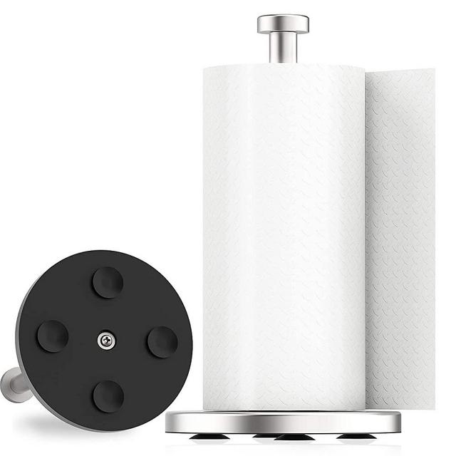 VEHHE Paper Towel Holder with Suction Cups-One-Handed Operation Stainless Steel Standing Paper Towel Holder Countertop for Kitchen Bathroom(Sliver)