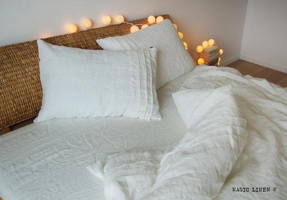 Linen pillow case with pleats. Stone washed, soft, off- white, ivory. White pillowcase linen. Softened linen pillowcase. Linen pillow cover.