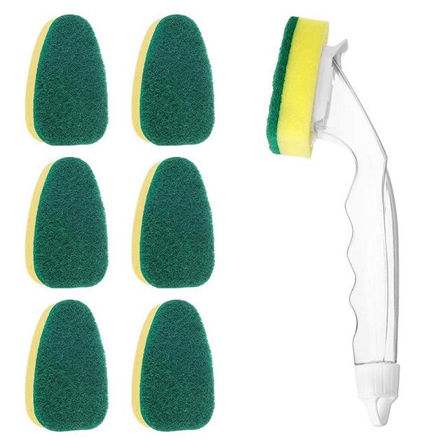 Heavy Duty Dish Wand, CAMTOA 1 Dish Wand with 7 Refill Replacement Heads, Dish Sponge with Handle, Scrub Sponge for Kitchen, Sink, Bathroom, Replaceable Cleaning Brush (Green)