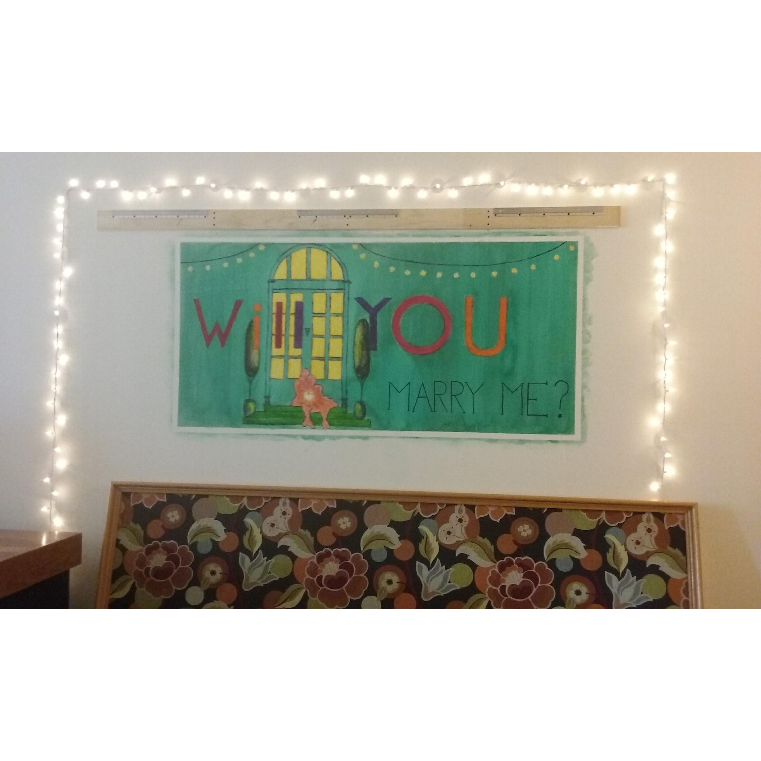 Taylor's proposal!  He asked me to help him take down the billboard and this was behind it.  He painted it himself. <3