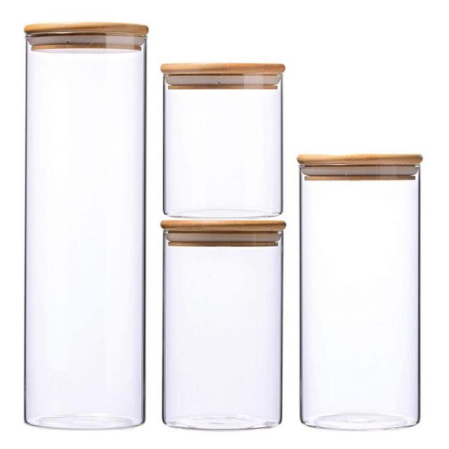 High Borosilicate Glass Cylinder Airtight Food Storage Container Canister Jar with Bamboo Lid & Silicone Sealing Ring (set of 4)