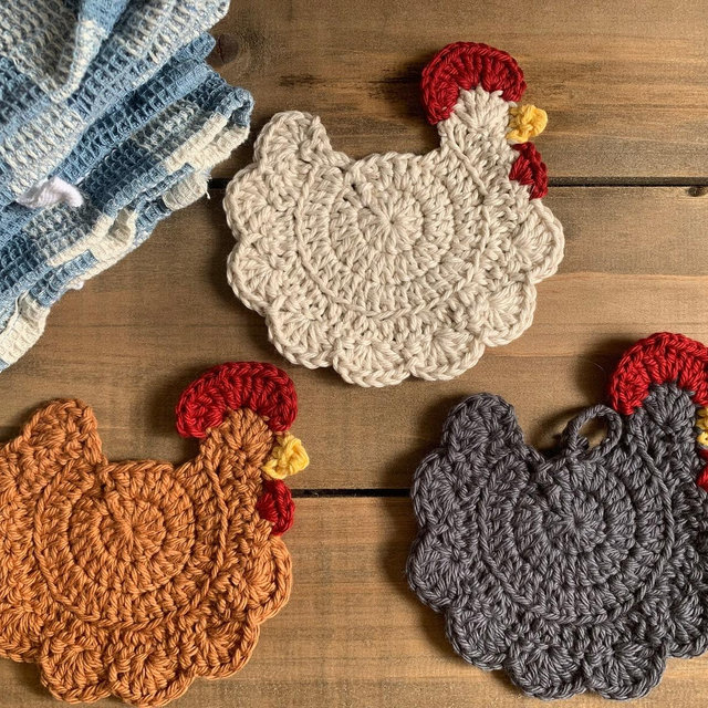 Farmhouse Chicken Crochet Coasters~100% Cotton~Handmade~Tea Towels Decor~Mother's Day~Birthday~Chicken Lovers' & Housewarming Gift
