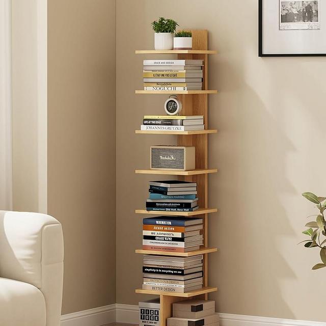 TUTOTAK Narrow Bookshelf, 8-Tier Bookcase, Spine Book Shelf for Small Space, Corner Standing Shelf for Living Room, Office, Study, Entryway, Natural BS06BN008