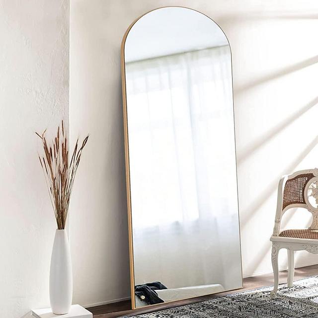 Pexfix Arched Full Length Mirror 64''×22‘’ Arched Full Body Mirror, Floor Mirror with Stand,Large Arched Wood Frame Mirror, Wall-Mounted Mirror for Bedroom Living Room(Gold)
