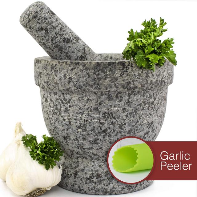 Mortar and Pestle Set - Unpolished Granite Bowl with Bonus Garlic Peeler | Great for Guacamole! | 1.5 Cup Capacity. Protective Pad for Stability and Protected Counters