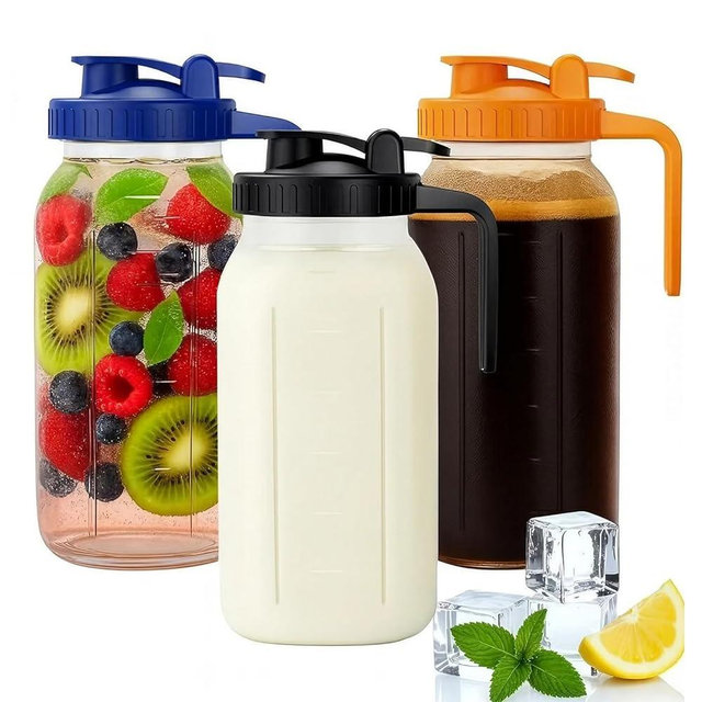 64oz Mason Jar Pitcher - Airtight & Leakproof Glass Pitchers with Handle and Lid, Perfect for Breastmilk, Cold Brew and Sun Tea for Outside,2 Quart Mason Jar with Pour Spout Lid,1/2 Gallon Water Jug