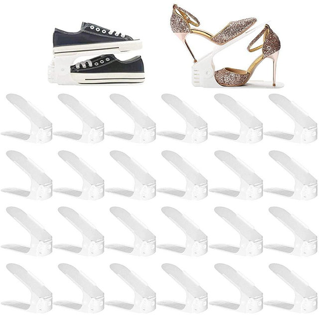 RISETEX Shoe Slots Organizer 24 Pack, Shoe Stackers for a Pair of Shoes,Adjustable Double Layer Stack Shoe Space Saver, 50% Space-Saving Storage Shoe Rack Holder for Closet Organization,White