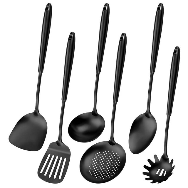 304 Stainless Steel Cooking Utensils,6 Pcs Kitchen Cooking Utensils Set with Spatula, Solid Spoon, Ladle, Skimmer, Spaghetti Spoon,Dishwasher Safe(Black)
