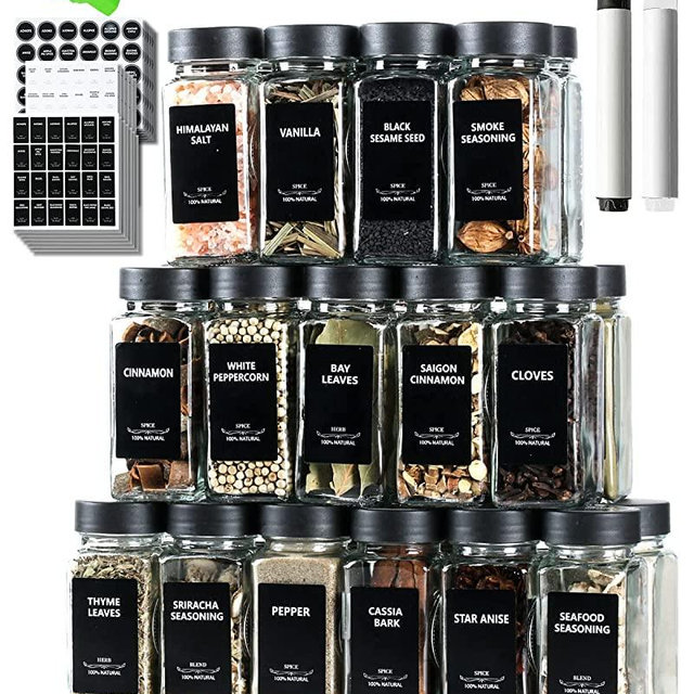 36 Spice Jars with Label-4oz Glass Spice Jars with Shaker Lids, Empty Spice Containers with Black Lids 3 Sets of 486 Spice Labels 1 Collapsible Funnel, 2 Erasable Markers,Spice Bottles for Spice Rack (36, Black)
