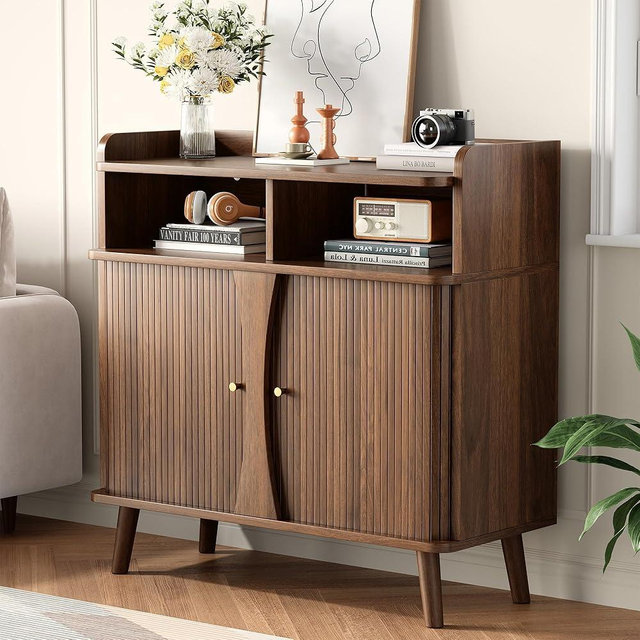 Decofy 39" Buffet Sideboard Cabinet, Mid Century Modern Console Cabinet with Roller Shutter Sliding Doors & Adjustable Shelves for Kitchen Cabinets, Living Room, Entryway, Coffee Bar Cabinet (Walnut)