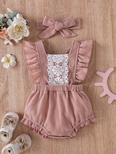 Baby Contrast Guipure Lace Ruffle Trim Waffle Knit Bodysuit & Headband