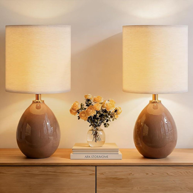 Dawnwake 18.5" Table Lamp Set of 2 for Living Room Bedroom, Bedside Lamps for Night Stands, Desk Nightstand Lamp Dimmable, Modern Linen Cream Ceramic Lamps (Coffe)