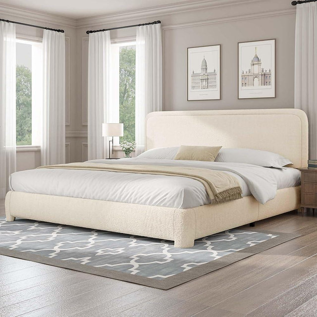 Boucle Upholstered California King Bed Frame/Soft Rounded Corners Headboard/Low Profile Bed Frame/No Box Spring Needed/Cream