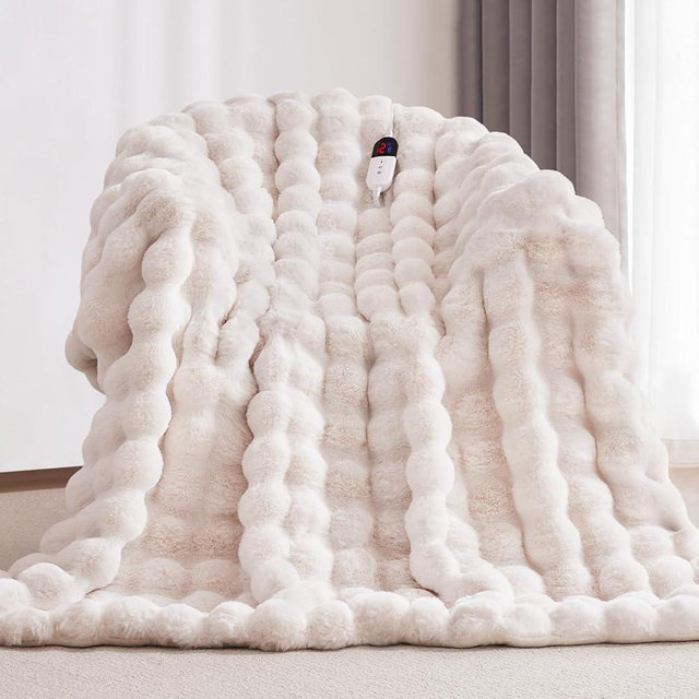 Anysay Heated Blanket Throw with 6 Hours Auto-Off 10 Heat Level, 72'' * 84'' Cozy Faux Rabbit Fur Bubble Electric Blanket with Overheat Protection, Soft Fast Heating Blanket with ETL (White)