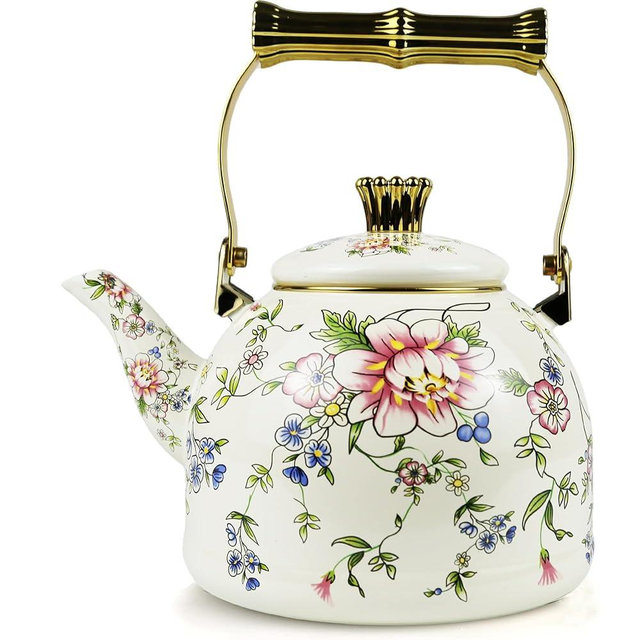 Vintage Enamel Tea Kettle, Rose Floral Pattern Stovetop Teapot with Gold Handle, 2.5L Enamel Kettle Kitchen Decor, Ideal Gift for Housewarming Camping Coffee Pot