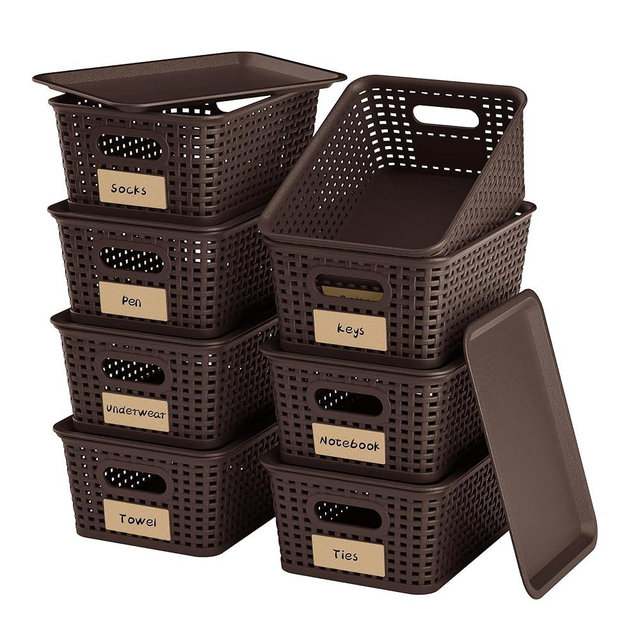 WRRLORS 8-Pack Brown Plastic Storage Baskets with Lids, Label Organizers, Stackable Organizer Containers: For Organizing Shelves, Drawers, Desk Closets, Playrooms, Classrooms, Offices