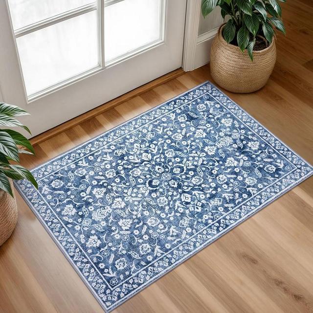 SILOLOOM Vintage Entryway Rug 2x3, Denim Blue White Washable Accent Rug, Non-Slip Small Area Carpet, Floral Print Faux Wool Soft Mat for Front Door, Kitchen, Bedside