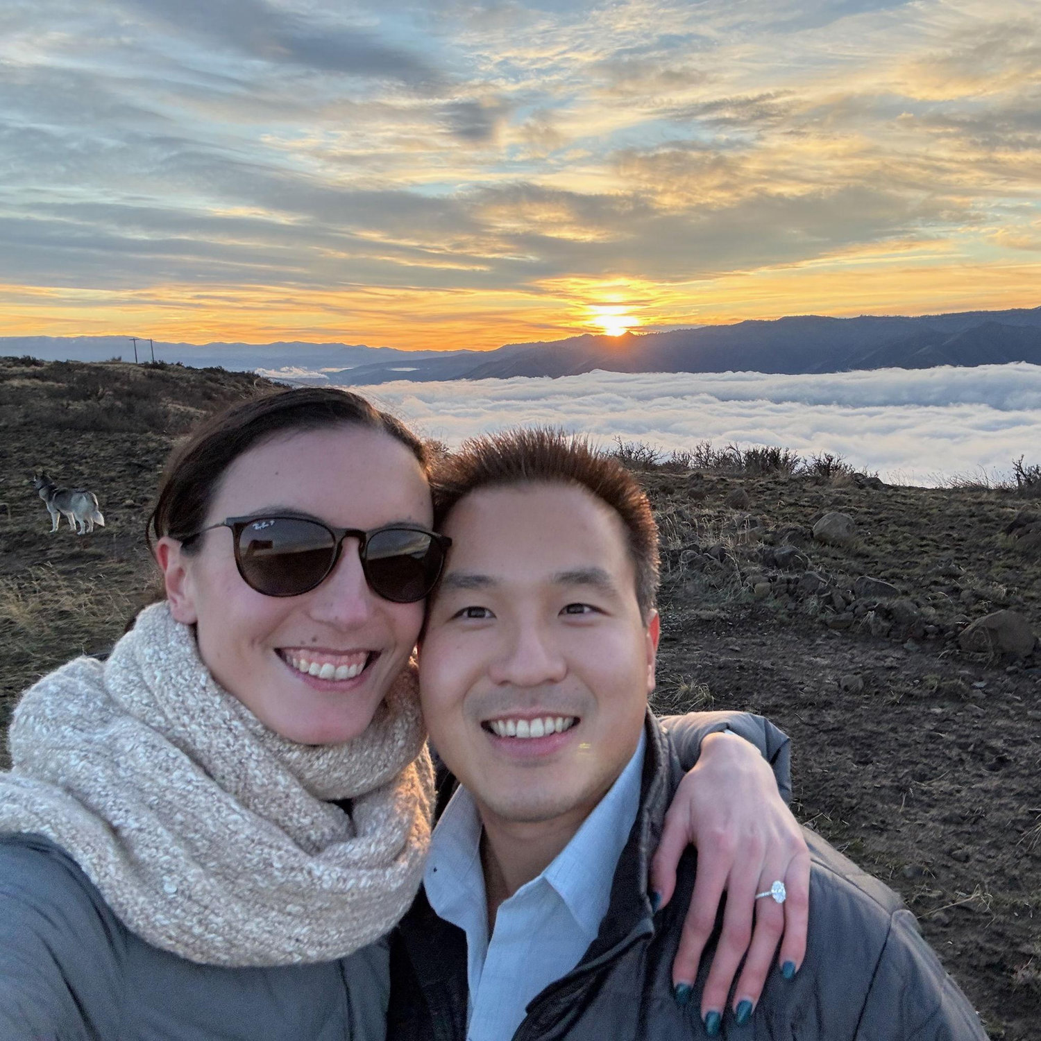 Our engagement! We were above the Columbia River in Eastern Washington (those are clouds in the background), where Damon proposed at sunset on a weekend trip away