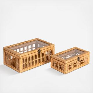 Rattan & Bamboo Nestable 2-Piece Storage Box Set with Glass Lid