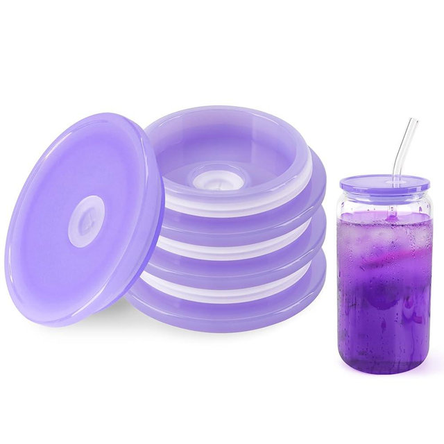 Joyclub 4 Pack Acrylic Lids for 16 oz Glass Cups with Bamboo Lids and Straws Reusable Iced Coffee Cup Beer Can Drinking Glasses for Smoothie Whiskey Boba Soda Tea Gift (Purple)