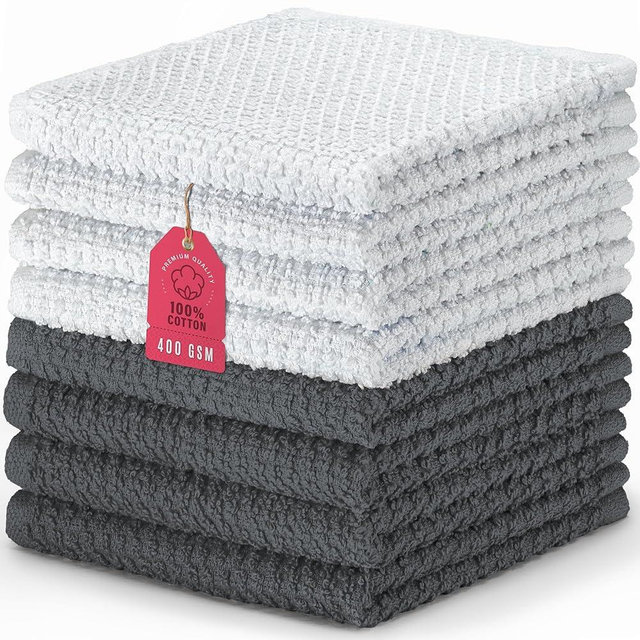 DecorRack 8 Pack 100% Cotton Face Towels, Ultra Absorbent 12 x 12 inch Wash Cloths, 400 GSM, Premium Quality, Soft Fingertip Towels for Face, Makeup, Spa, and Beauty, Gray (8 Pack)