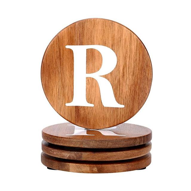 Wood Coasters Set, Natural Wooden letters Coasters for Drinks, Set of 4 Wood Coasters, Wedding Coasters, Personalized Coasters Customizable with Name, Monogrammed Letter R