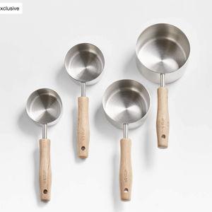 Crate & Barrel Beechwood and Stainless Steel Measuring Cups