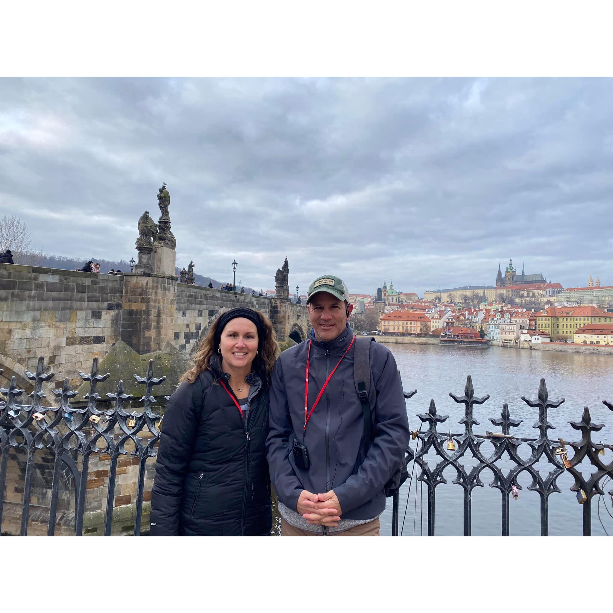 At Prague, Czech Republic, Charles Bridge and Prague Castle.