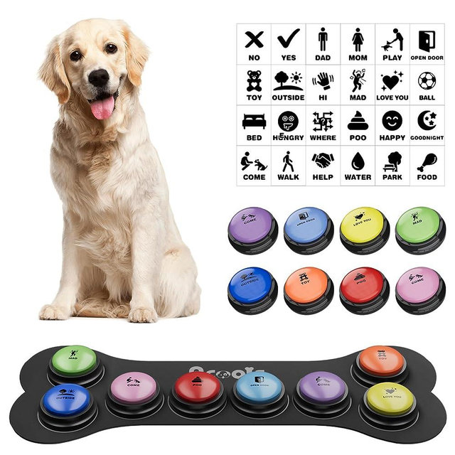 Dog Buttons for Communication, 8 Pcs Dog Talking Button Set, 30s Recordable Voice Pet Buzzer Training Buttons, Speaking Button for Dogs with Waterproof Anti-Slip Dog Button Mat and 24 Scene Stickers
