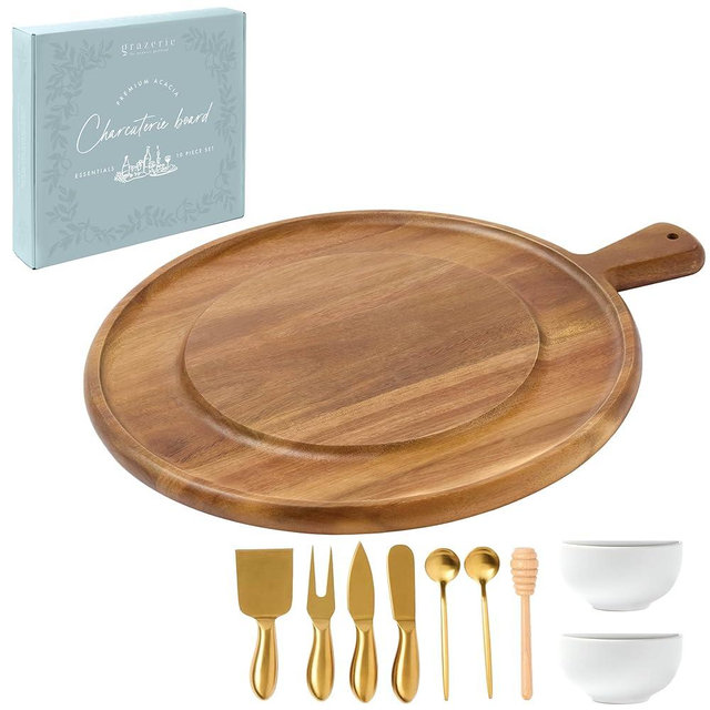Grazerie Charcuterie Board Gift Set - Acacia Round Serving Board with Handle and Complete Knife Set with Bowls for Entertaining - 10 Piece Set for House Warming Wedding Gift