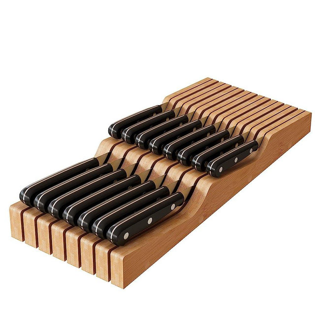 Kitchen Drawer Organizer Tray for Knives,In-Drawer Bamboo Knife Block,knife drawer organizer，knife holder holds up to 15 knives（Not Included）