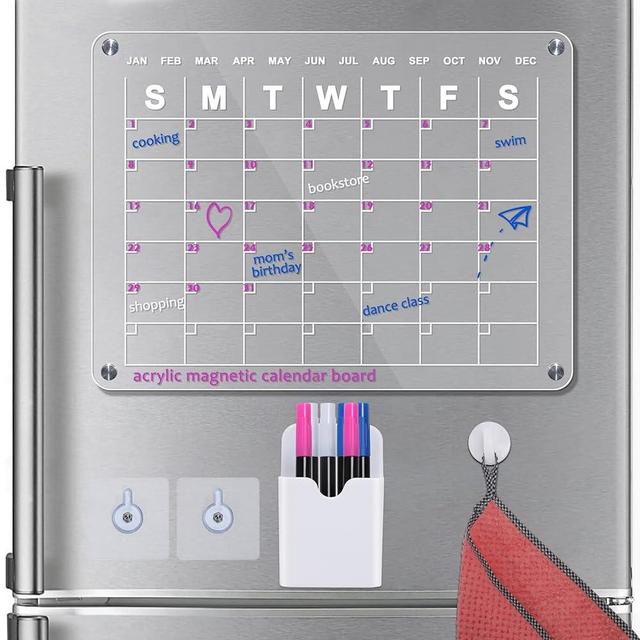 Acrylic Magnetic Dry Erase Board,MOOACE Adhesive Calendar Planner Board for Fridge and Wall,Includes 6 Magnetic Markers with 3 Colors,Pen Holder,Clean Cloth and Self Adhesive Wall Hooks