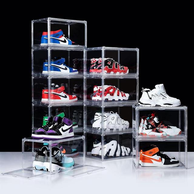 12 Pack Shoe Boxes, Clear Acrylic Stackable Plastic Sneaker Box Container, Magnetic Drop & Side Open Shoe Organizer Case Container With Lids Fits Up to Size 14 (Transparency)