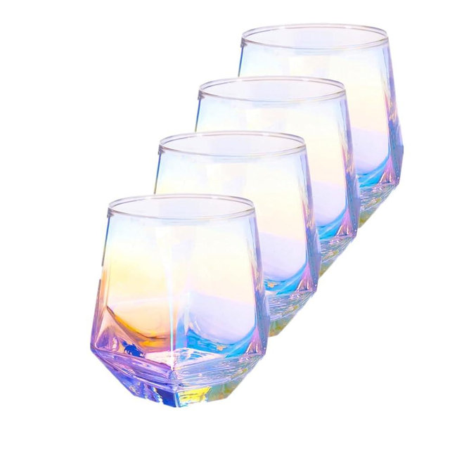 YUHANOER Stemless Wine Glasses Set Of 4,10Oz Iridescent Glassware,Modern Rainbow Glassware Colored Tumblers For for Red Wine,Cocktails,Whiskey,Gifts Wine lovers