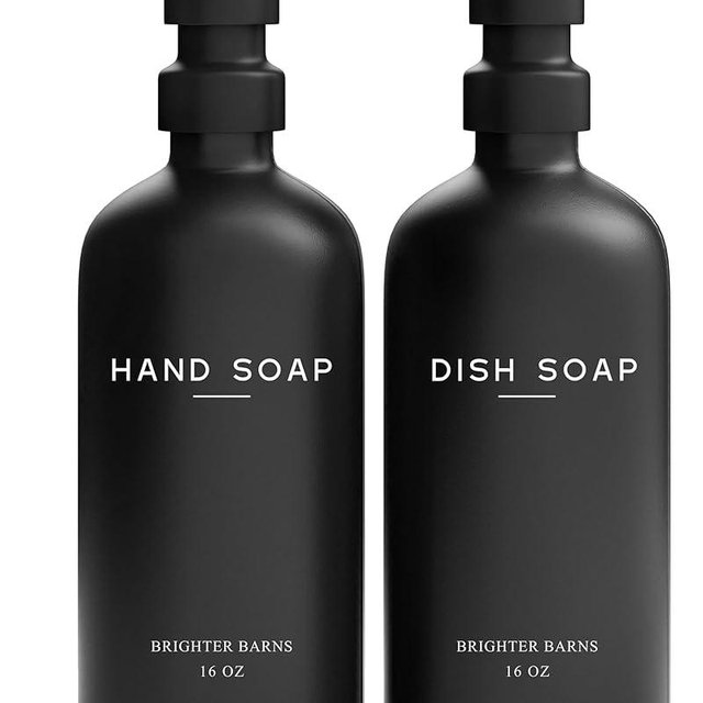 Black Glass Hand and Dish Soap Dispenser Set by Brighter Barns - Kitchen Soap Dispenser Set & Pump - Glass Bottles for Kitchen Sink - Modern Farmhouse Counter Decor, Neutral Home Decor, Gifts (Black)