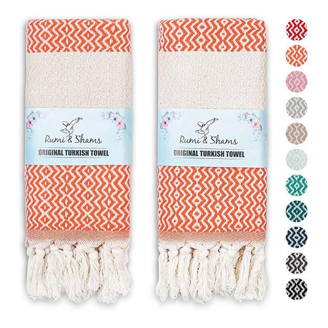 RUMI & SHAMS Turkish Hand Towels for Bathroom | 100% Cotton Farmhouse Hand Towels | 2 Pcs Decorative Towels for Bathroom | 16 x 35 Inches Turkish Towels | Ideal for Boho Kitchen Decor (Peach)