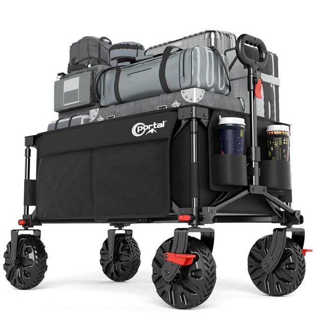 PORTAL Collapsible Wagon with Brakes, Heavy Duty Utility Cart with All-Terrain Wheels, Portable Folding Wagons for Camping, Beach, Garden, Shopping, and Groceries