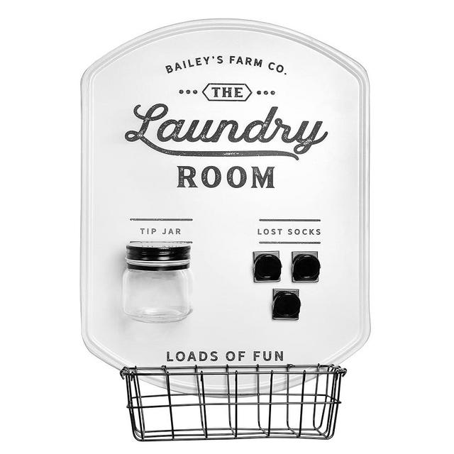 AuldHome Farmhouse Enamelware Laundry Room Sign, Includes Lost Socks Clips, Tip Jar, and Catch All Basket
