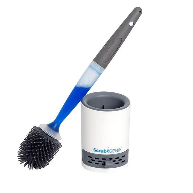 Scrub Genie Toilet Cleaner Brush and Holder Set – Silicone Toilet Brush with Refillable Toilet Cleaner Dispenser – Toilet Bowl Brush with Soft, Pliable TPR Bristles – Quick and Easy Toilet Cleaning