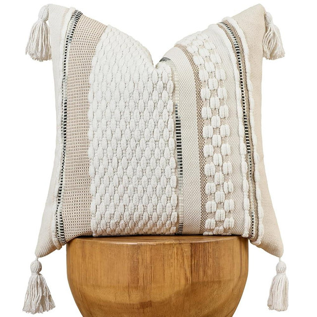 AmHoo Chenille Striped Textured Boho Throw Pillow Covers Aesthetic with Tassels Woven Decorative Pillow Case for Couch Bed Sofa Bedroom Modern Funky 18 x 18-Inch White