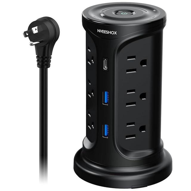 Power Strip Surge Protector Tower,Screw Wall Mount Outlet Extender with 12 AC Multiple Outlets and 3 USB (1 USB C),6.5 FT Long Extension Flat Plug Cord,Charging Tower with Overload Protect for Office