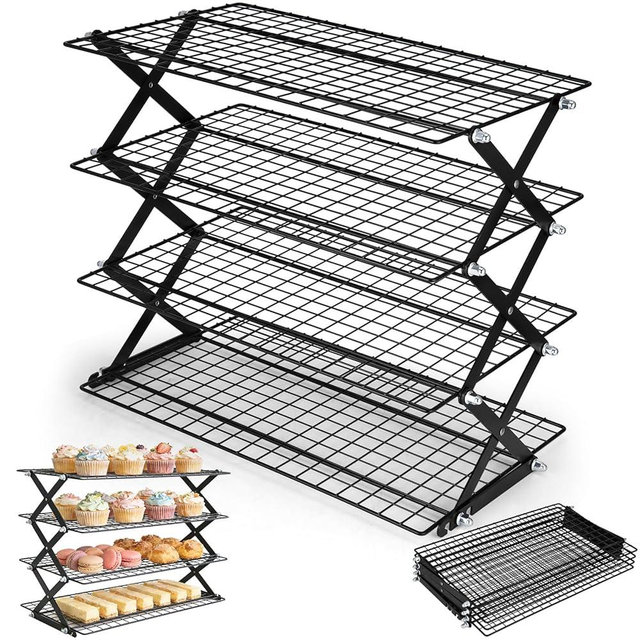 Collapsible Cooling Rack 2/3/4 Tier, Stackable Cooling Racks for Baking, Adjustable Tiered Cooling Racks with 3 Setting Design & 5 Modes for Baking, Cookies, Bread, Cake, Roasting, Grilling, Drying